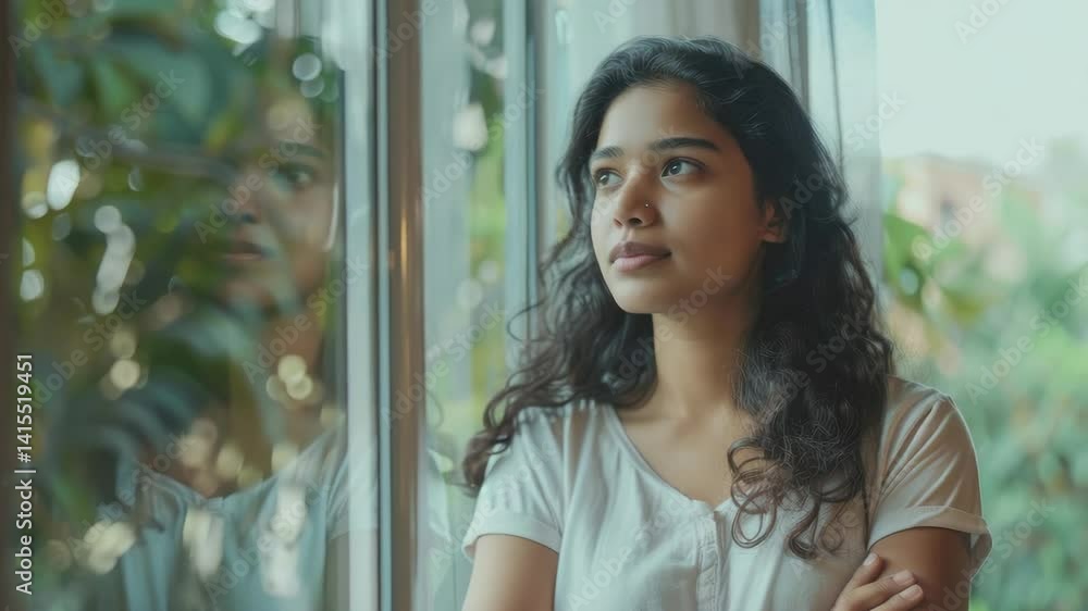 A woman lost in thought, gazing out the window with a reflective expression. A woman lost in thought, gazing out the window with a reflective expression.