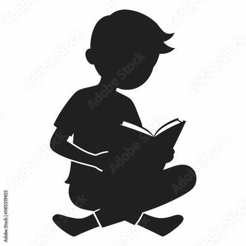 Vector silhouette of a child reading a book, shown in a calm and focused pose. Simple black design on a clean white background, perfect for educational themes, literacy campaigns, children’s books,