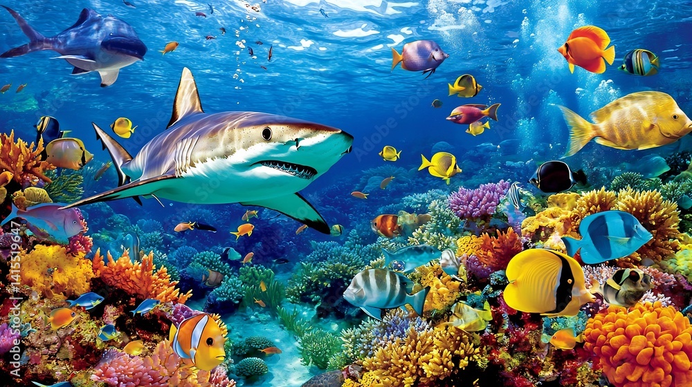 Fototapeta premium Dramatic scene of a shark circling a coral reef teeming with fish captured in a vivid underwater view