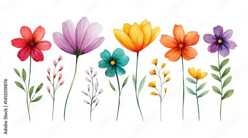 Obraz premium Vibrant Watercolor Floral Collection - A delightful collection of watercolor flowers in various colors and styles, perfect for design projects