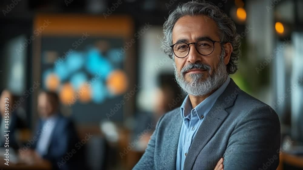 Professional man with glasses smiling confidently in a modern office setting with colleagues in the background Professional man with glasses smiling confidently in a modern office setting with colleagues in the background