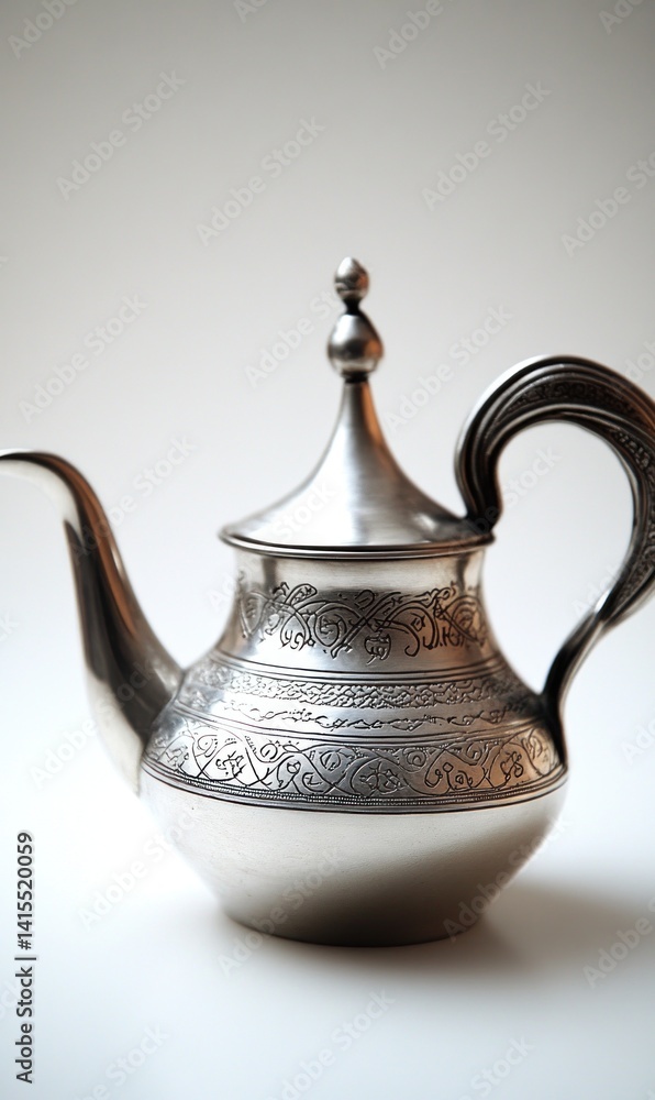 Ornate silver teapot with engraved details on white background. Ornate silver teapot with engraved details on white background.