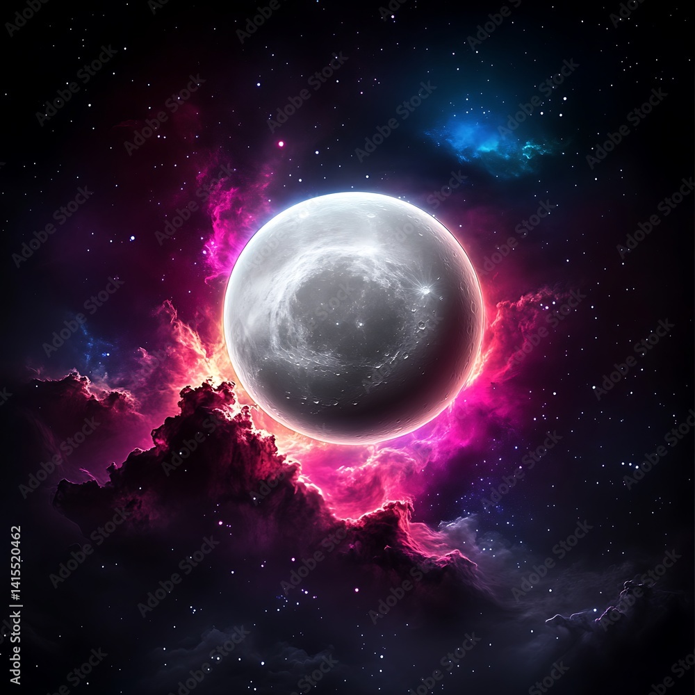 Obraz premium Mystical floating moon of neon mist celestial realm digital art cosmic space stunning viewpoint
