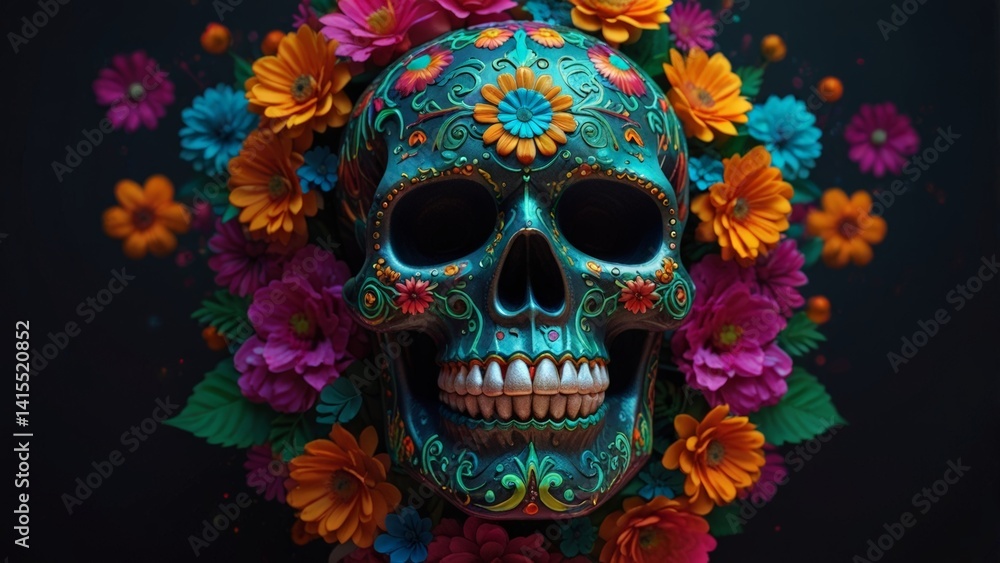 Fototapeta premium Festive glowing Día de los Muertos skull with neon flowers on dark background