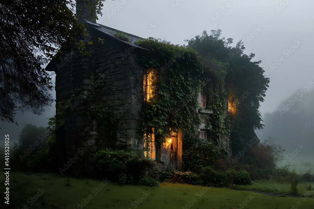 A mysterious, fog-laden, ivy-covered stone house glows warmly in the twilight, nestled in a tranquil countryside setting. A mysterious, fog-laden, ivy-covered stone house glows warmly in the twilight, nestled in a tranquil countryside setting.