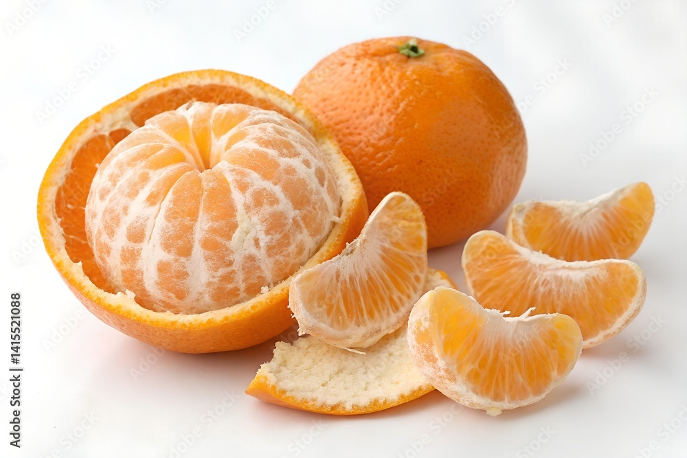 A peeled orange with a few slices arranged beside it, plain white background A peeled orange with a few slices arranged beside it, plain white background