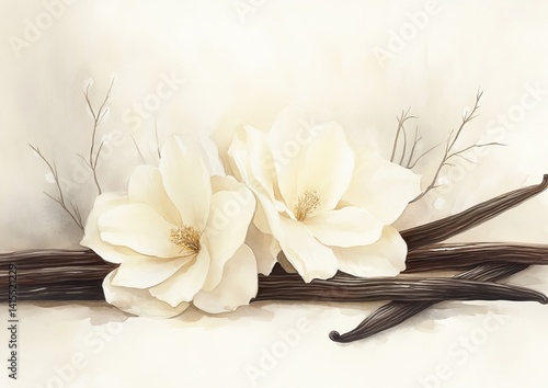 A delicate watercolor illustration of vanilla flowers, tropical flora, and sweet spices is beautifully presented on a simple isolated white background
