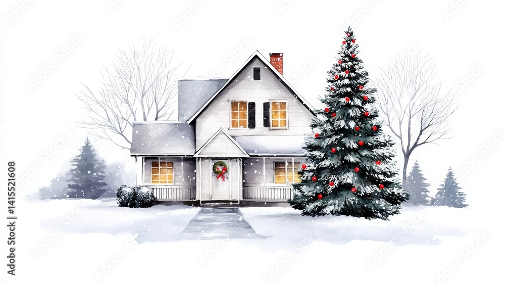 Watercolor Winter House Christmas Scene - Cozy winter house, snow covered, Christmas tree, warm lights, festive wreath; symbolizing peace, home, family, celebration, and winter joy Watercolor Winter House Christmas Scene - Cozy winter house, snow covered, Christmas tree, warm lights, festive wreath; symbolizing peace, home, family, celebration, and winter joy
