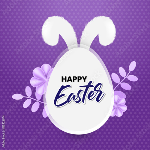 Happy Easter Purple banner website. Place for text. greeting card, poster, flyer, Social Media Post. Festive Easter Background. Trendy Easter day design. Egg Hunt backdrop. Egg with Bunny Ears.