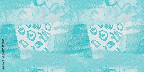 Seamless teal green woven grunge dye border pattern. Irregular beach cottage dye washed out resist banner background. Modern mottled woven style for trendy coastal worn texture tape edging trim.