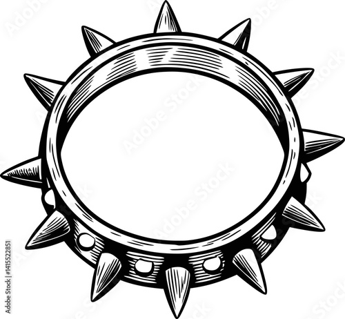 Circular spiked metal band illustration, detailed black and white drawing of edgy jewelry design