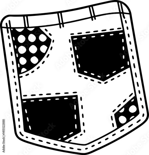black and white pocket illustration with patchwork and polka dots pattern