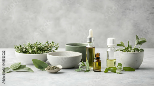 Wallpaper Mural Arrangement Of Herbal Oils And Herbs On Light Grey Surface Torontodigital.ca