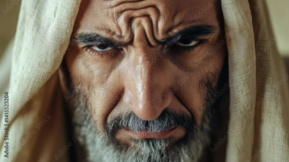 Black and white portrait of a middle eastern man with a beard, looking serious and contemplative. He wears traditional ethnic clothing. Black and white portrait of a middle eastern man with a beard, looking serious and contemplative. He wears traditional ethnic clothing.