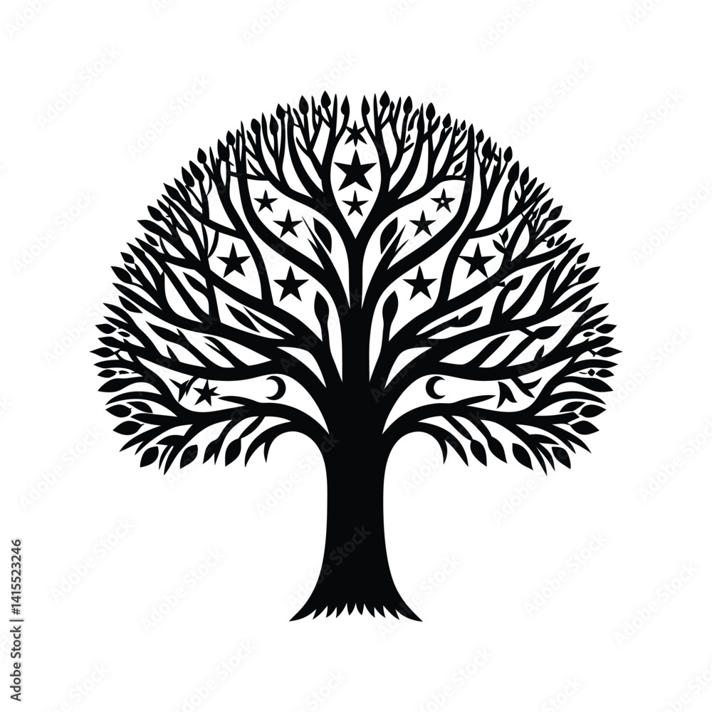 Naklejka premium Celestial tree icon silhouette vector with white background