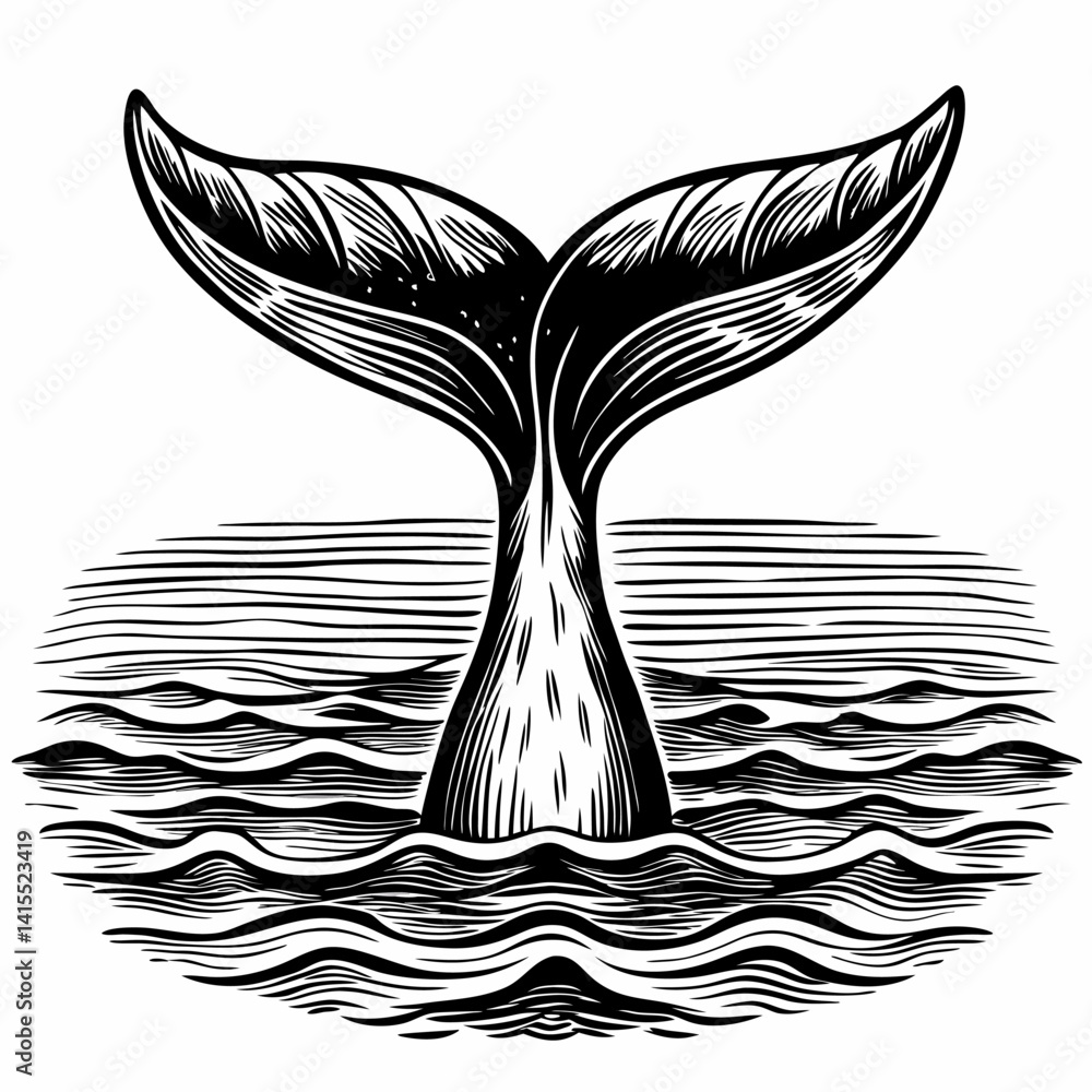 Obraz premium Vintage Whale Tail Illustration Majestic Ocean Theme in Black and White