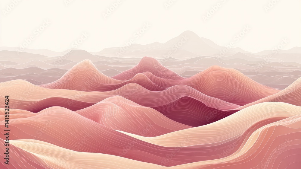 Soft, pastel hues depict a dreamlike landscape of rolling hills. Soft, pastel hues depict a dreamlike landscape of rolling hills.