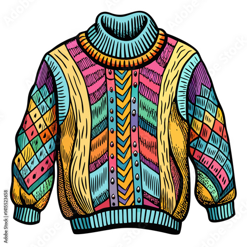 Colorful Patchwork Sweater Vibrant Retro Knitwear Pattern with Geometric Designs