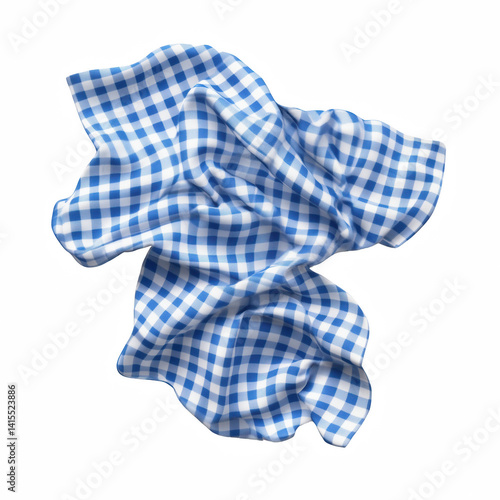 Blue and white checkered napkin or tablecloth with soft folds and creases, casual fabric texture ideal for kitchen, dining, or picnic settings, isolated on transparent background.