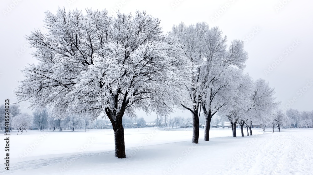 Winter Wonderland Treescape - Snow covered trees line a snowy field in a serene winter landscape Winter Wonderland Treescape - Snow covered trees line a snowy field in a serene winter landscape