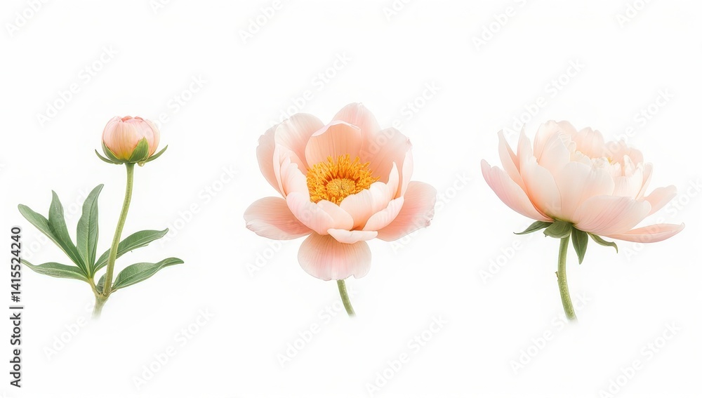 Obraz premium Peach Peony Blossom Stages: Bud, Bloom, and Full Flower