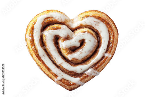 Heart-shaped cinnamon roll topped with icing, isolated on a white background.