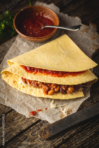 Obraz na płótnie Tortilla wraps sandwiches with fresh vegetables, minced meat and on wooden background. Burrito, sandwich wrap, fajita wrap w salonie