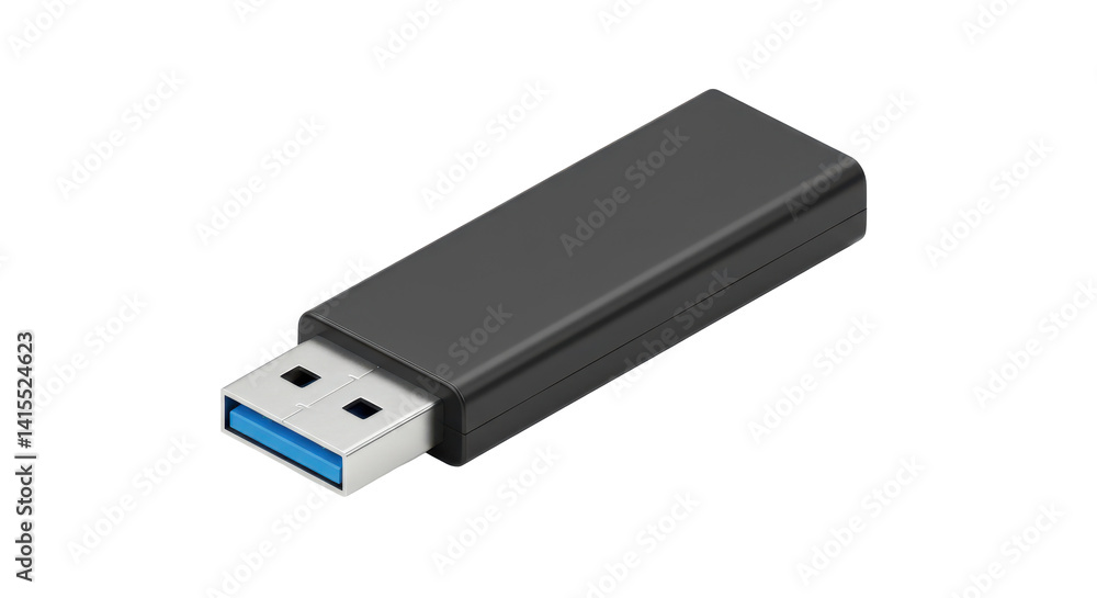A close up view of a black usb drive with a blue connector against a black background image A close up view of a black usb drive with a blue connector against a black background image