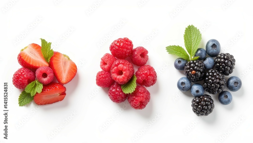 Fresh Raspberries, Strawberries, Blueberries, and Blackberries on White Background