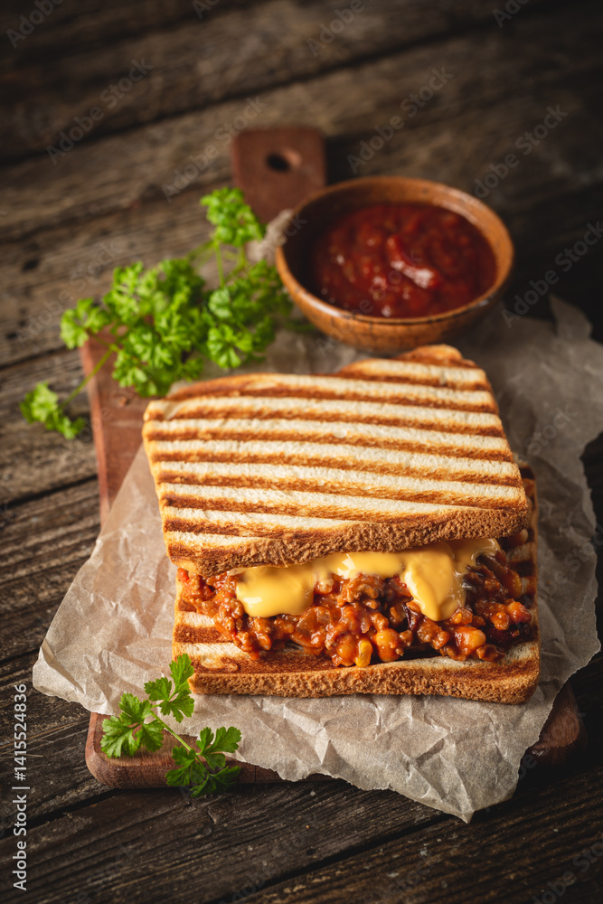 Close up view of tasty sloppy joe sandwich with ground meat, sauce and cheese on wooden background