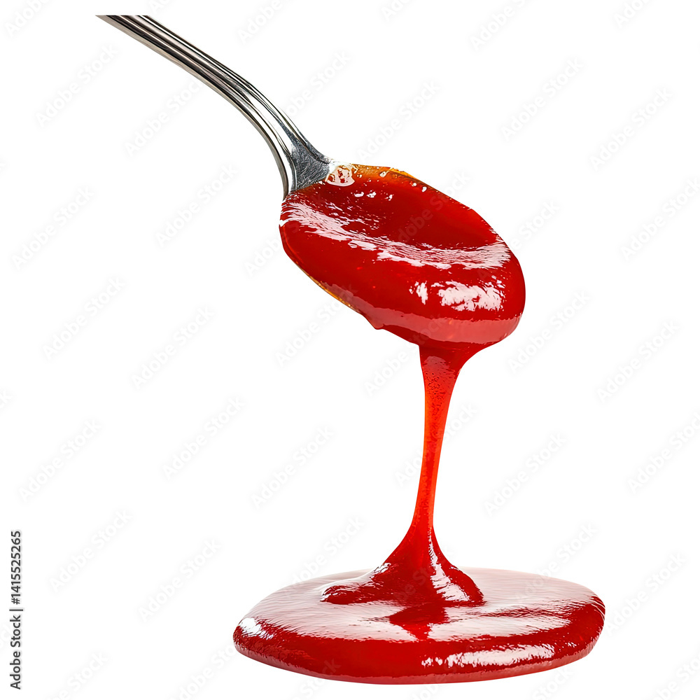 tomato or ketchup sauce flowing down from spoon isolated on transparent white background, clipping path
