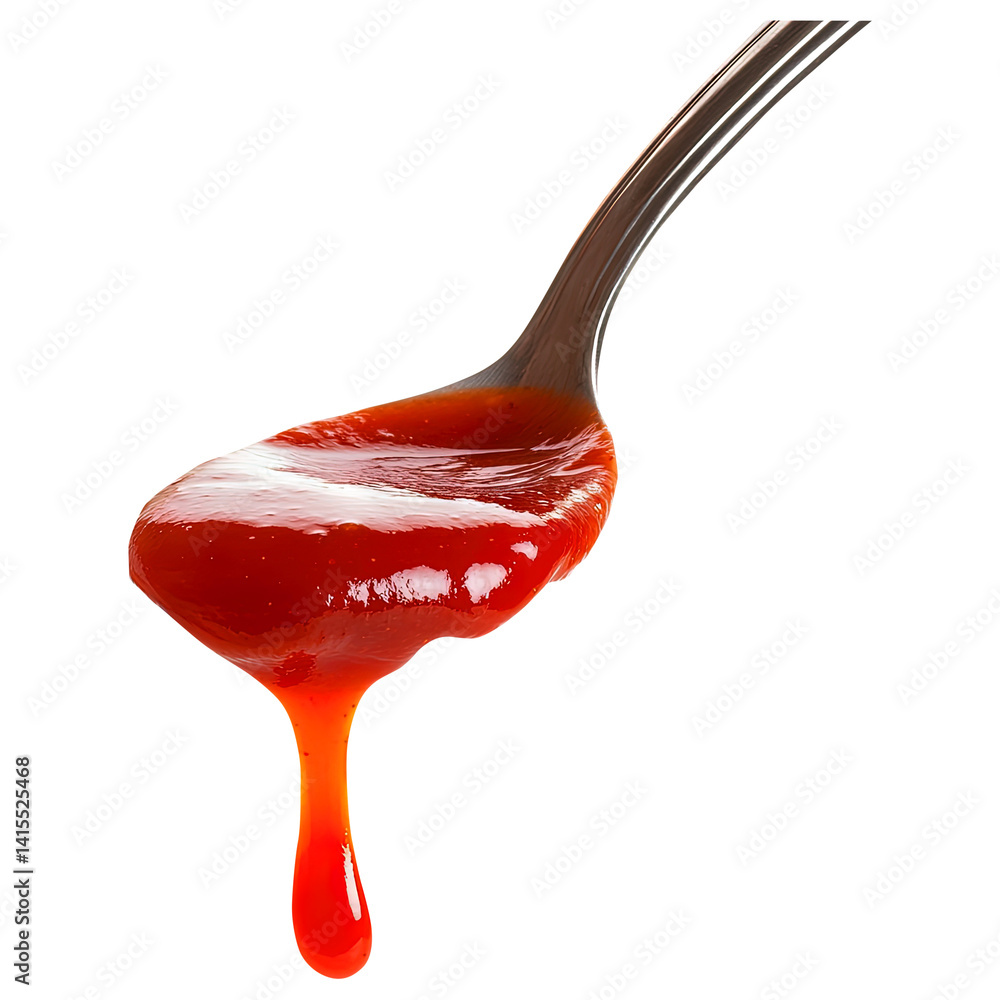 tomato or ketchup sauce flowing down from spoon isolated on transparent white background, clipping path