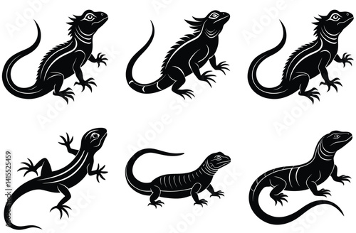 Set of dragon tattoo vector art illustration with silhouette and heraldic design