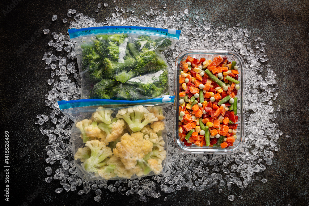 Mixed Frozen various vegetables in a box with ice, top view