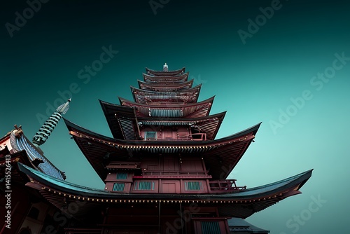 A majestic Japanese pagoda stands tall against a teal sky, showcasing its intricate details and serene atmosphere.