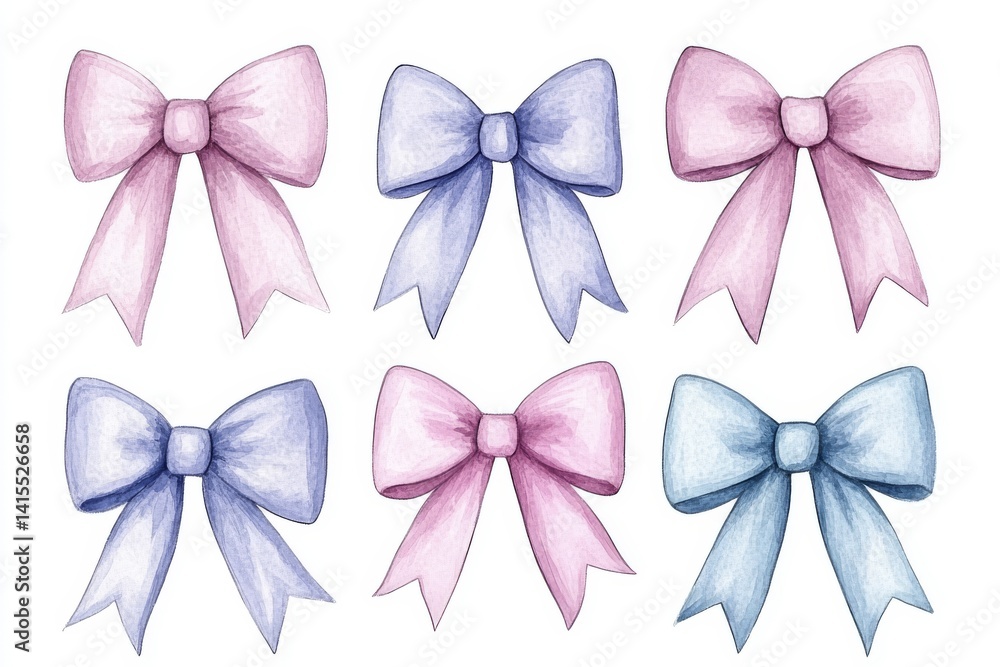 Hand-painted watercolor illustration of pink and blue bows and ribbons, isolated on white, making for cute decorative elements Hand-painted watercolor illustration of pink and blue bows and ribbons, isolated on white, making for cute decorative elements