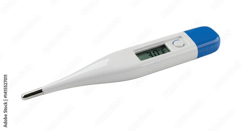 A digital thermometer displaying a temperature reading against a black background plain studio shot A digital thermometer displaying a temperature reading against a black background plain studio shot