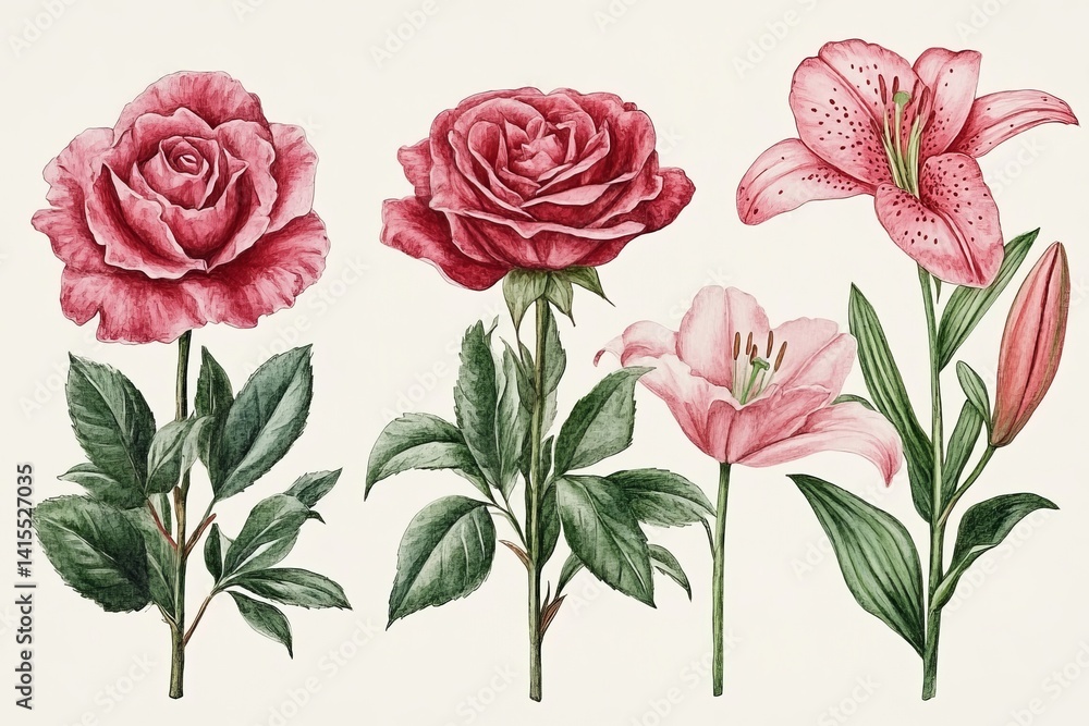 Fototapeta premium A delicate watercolor arrangement of flowers is blooming, featuring pink roses, lilies, and leaves, perfect for elegant floral designs
