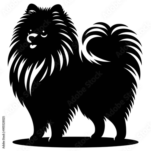 Elegant Pomeranian Silhouette: A striking black silhouette of a Pomeranian, showcasing its fluffy coat, perky ears, and spirited demeanor in a minimalist, yet captivating illustration.