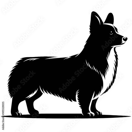 Elegant Corgi Silhouette: A sleek, black and white silhouette of a Pembroke Welsh Corgi dog, standing with dignified poise and showcasing its distinctive features against a pristine backdrop.