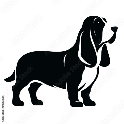 Basset Hound Silhouette: A clean silhouette of a Basset Hound, standing tall, with a dignified expression, in black and white. Capturing the dog's unique features in stark monochrome.