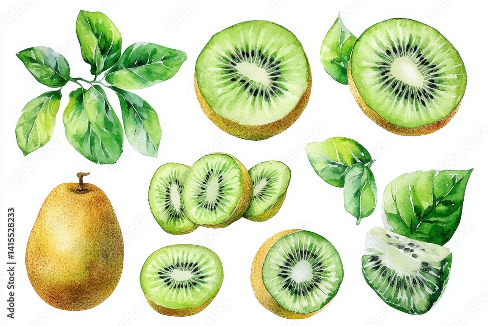 Fototapeta premium Kiwi fruit has been set, with watercolor depictions of the fruit cut into halves and slices for a botanical illustration of fresh tropical fruit in isolation