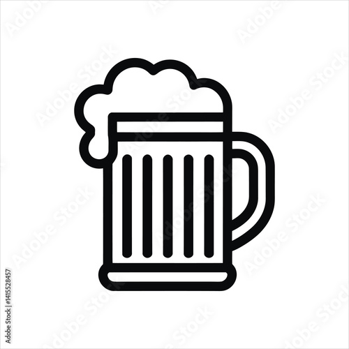 Minimalist beer mug icon with foam, black line art of a full glass of lager for pub menus and brewery branding, simple vector illustration of a cold alcoholic beverage in a tankard eps format