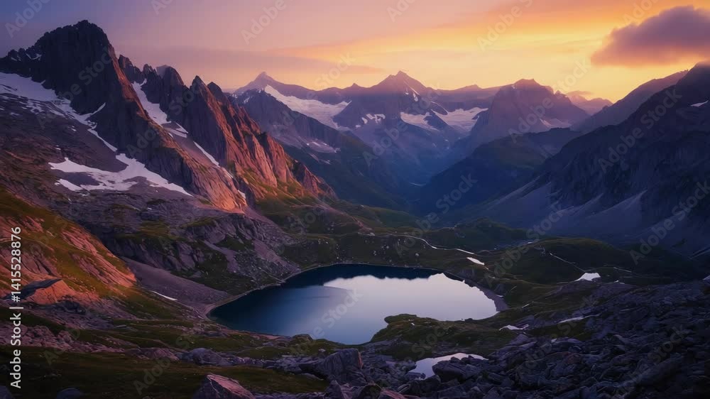 Scenic mountain landscape featuring a serene lake nestled among rocky peaks and patches of snow during a colorful sunset Scenic mountain landscape featuring a serene lake nestled among rocky peaks and patches of snow during a colorful sunset