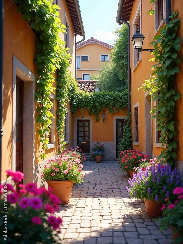 Fototapeta premium Vintage home facade with greenery and spring flowers