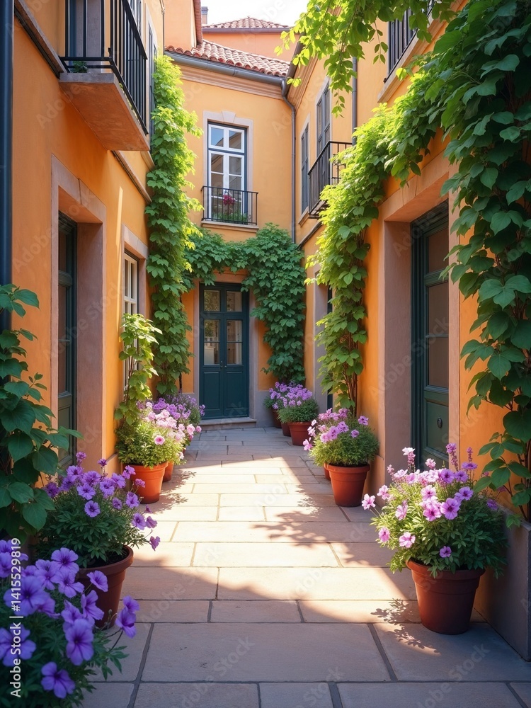 Naklejka premium Old building garden scene with warm tones and shadows