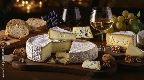 A beautiful selection of classic wine and cheese pairings displayed on a rustic wooden table.