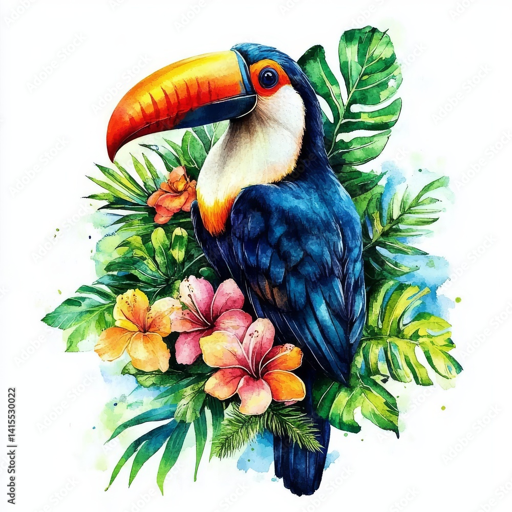 Fototapeta premium Tropical flowers and leaves surround a colorful toucan in an exotic watercolor illustration suitable for cards and posters