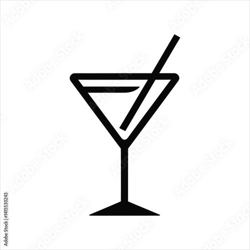 Black Cocktail Glass Icon with Straw Vector