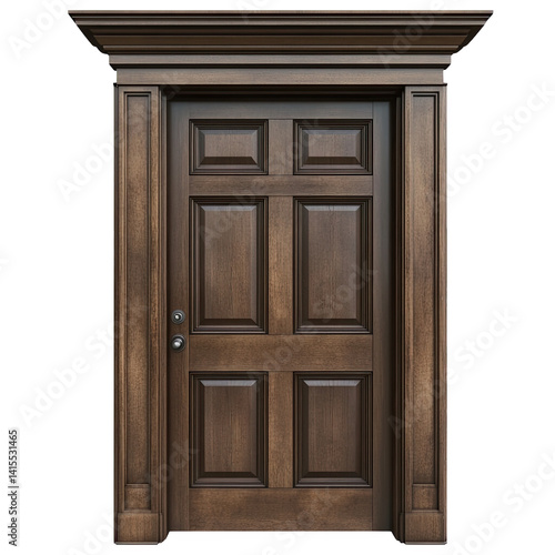 Elegant wooden door with detailed design on white isolated background.